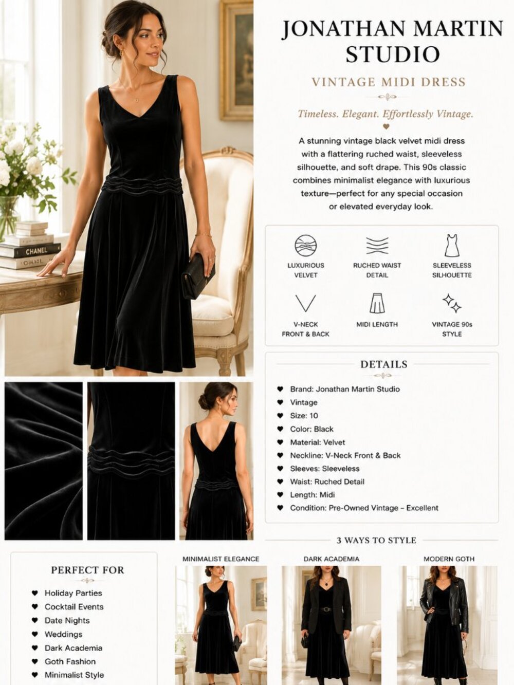 Womens Vintage Black Velvet Midi Dress 10 Ruched Waist 90s Minimalist Goth